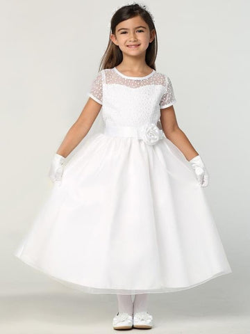 Girls White First Communion Dress w/ Embroidered Tulle & Organza Skirt (169)