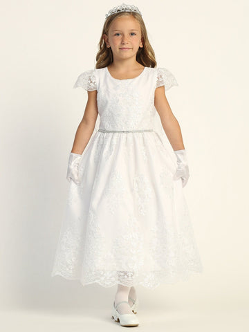 Girls White First Communion Dress w/ Corded Tulle & Sequins (207)