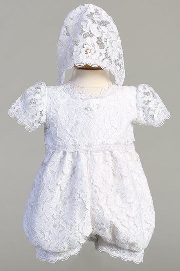 Hazel White Romper for girls with lace overlay and matching bonnet, ideal for christening and baptism ceremonies. Available with free US shipping.