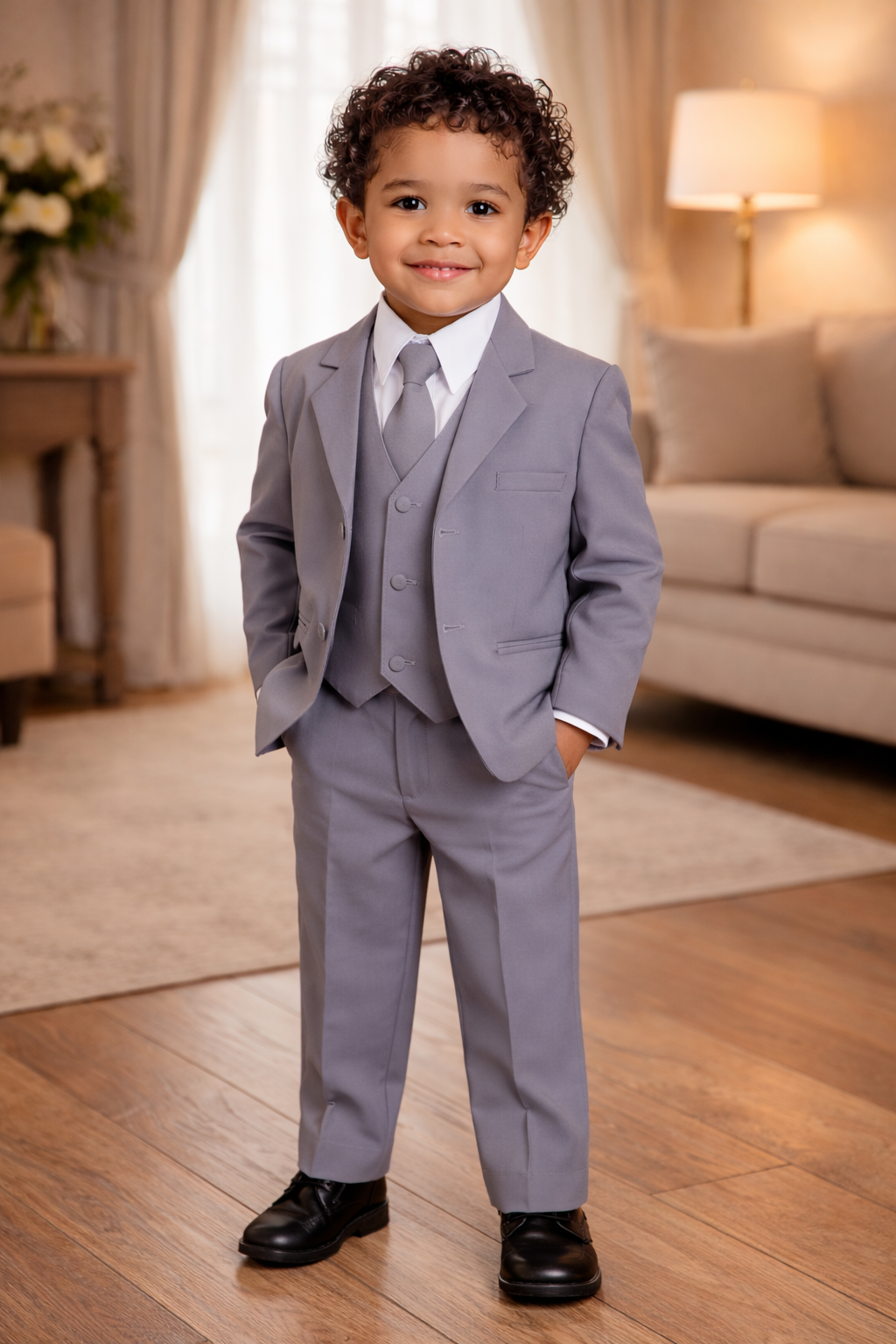Child in a gray suit standing in a living room