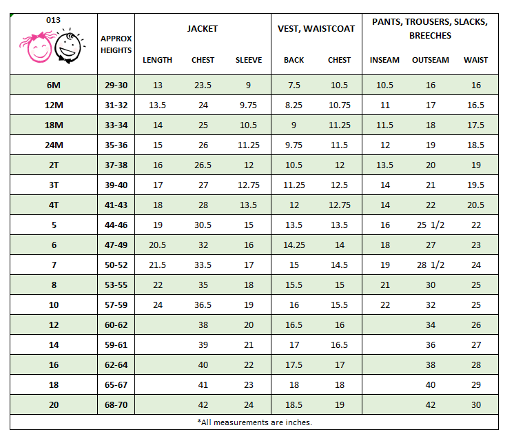 Khaki suits for boys measurement chart