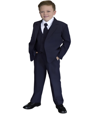 The classic navy blue suit, an emblem of tradition for a boy's wardrobe.