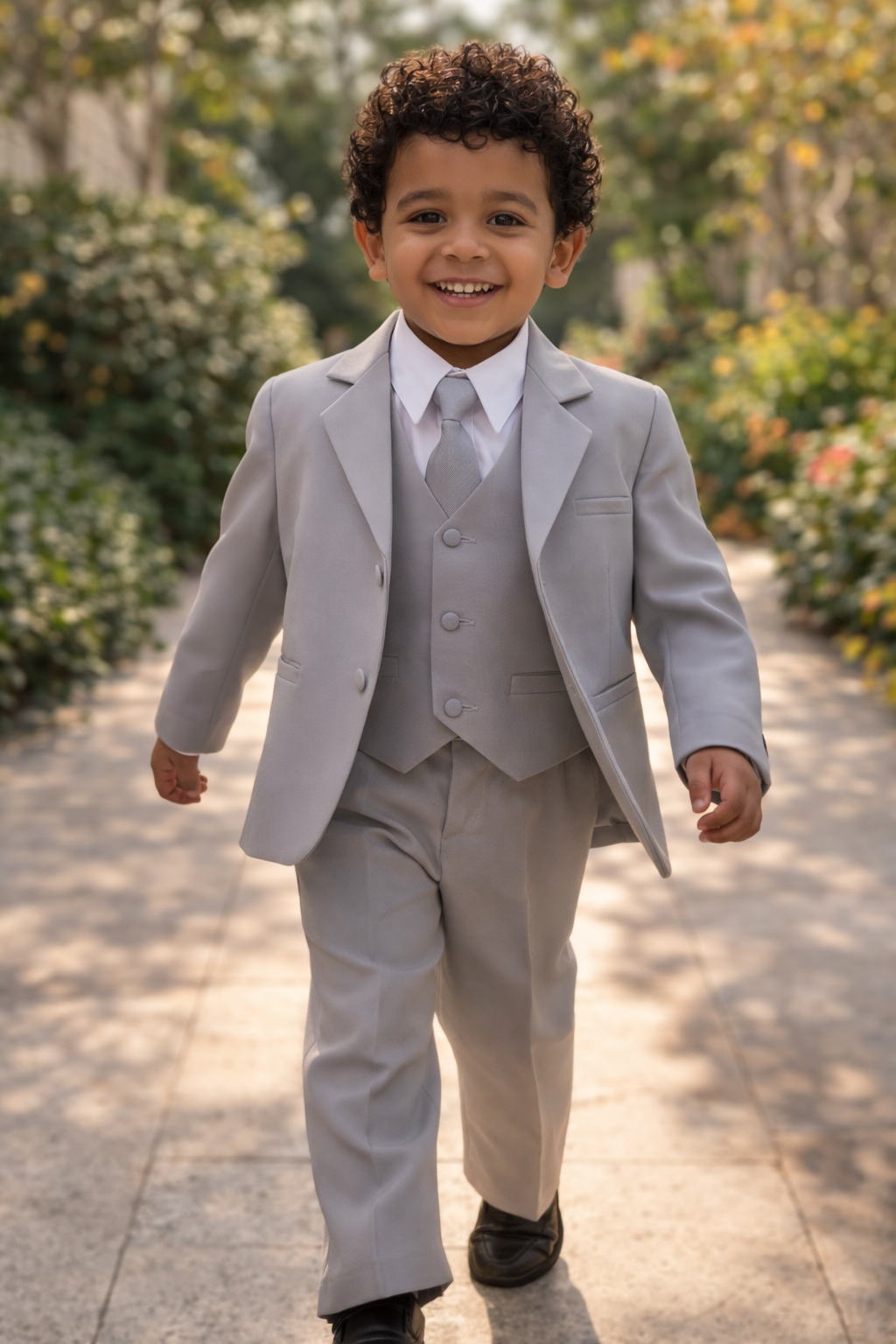 Child in a gray suit walking outdoors with greenery in the background