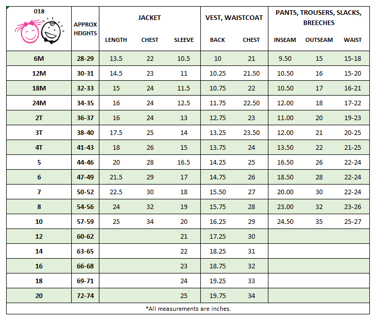 Boys Black Suit Measurement Chart