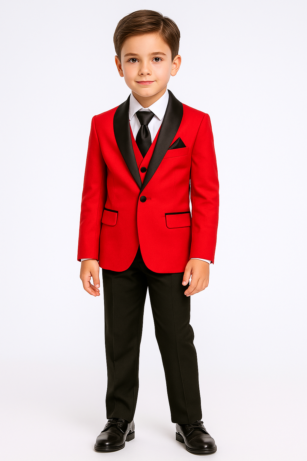 Young boy wearing a red suit with black lapels and pants on a white background