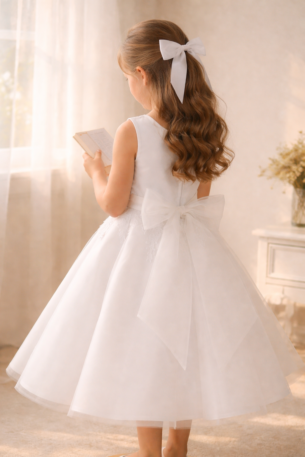 737 Girls White First Communion Satin Dress w/ Embroidered Lace & Rhinestone Trim (NEW)