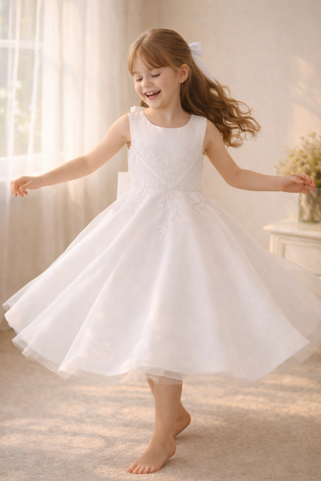 737 Girls White First Communion Satin Dress w/ Embroidered Lace & Rhinestone Trim (NEW)