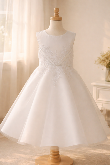 737 Girls White First Communion Satin Dress w/ Embroidered Lace & Rhinestone Trim (NEW)