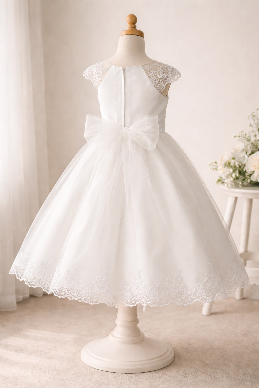 740 Girls White First Communion Dress w/ Embroidered Tulle & Sequins (NEW)