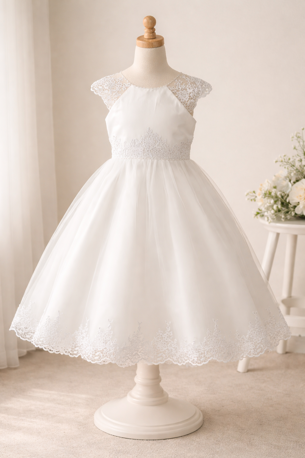 740 Girls White First Communion Dress w/ Embroidered Tulle & Sequins (NEW)