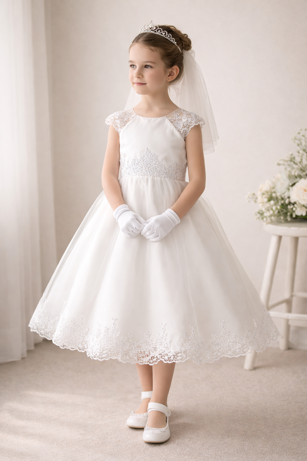 740 Girls White First Communion Dress w/ Embroidered Tulle & Sequins (NEW)