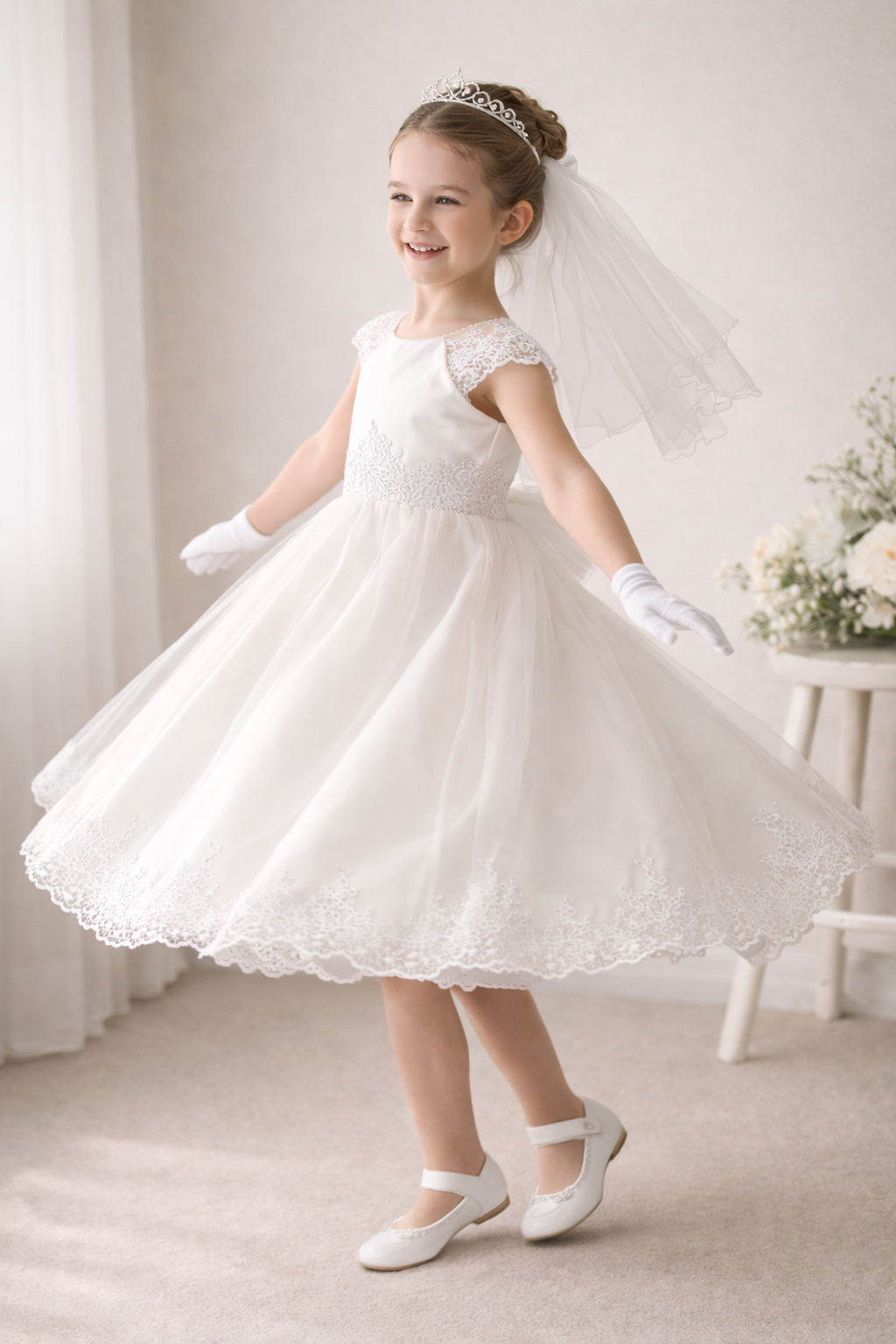 740 Girls White First Communion Dress w/ Embroidered Tulle & Sequins (NEW)