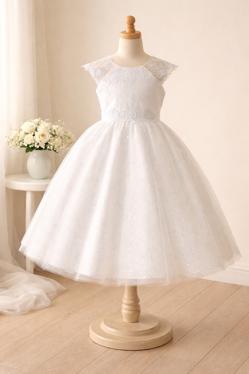 741 Girls White Communion Dress w/ Embroidered Glitter Tulle & Sequins (NEW)