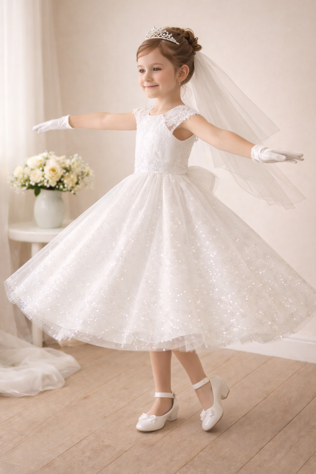 741 Girls White Communion Dress w/ Embroidered Glitter Tulle & Sequins (NEW)