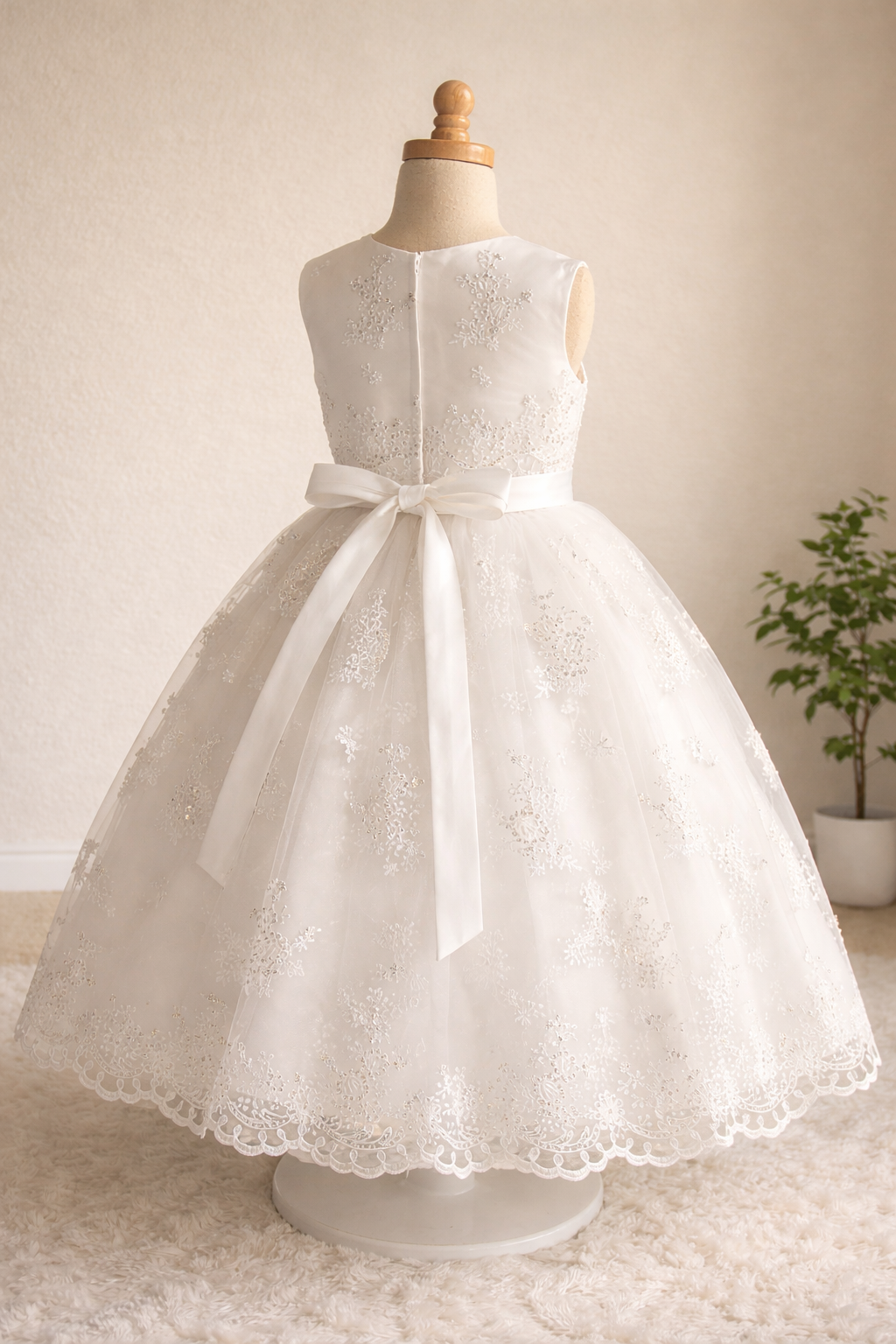 742 Girls White Communion Dress w/ Corded Embroidered Tulle & Sequins (NEW)