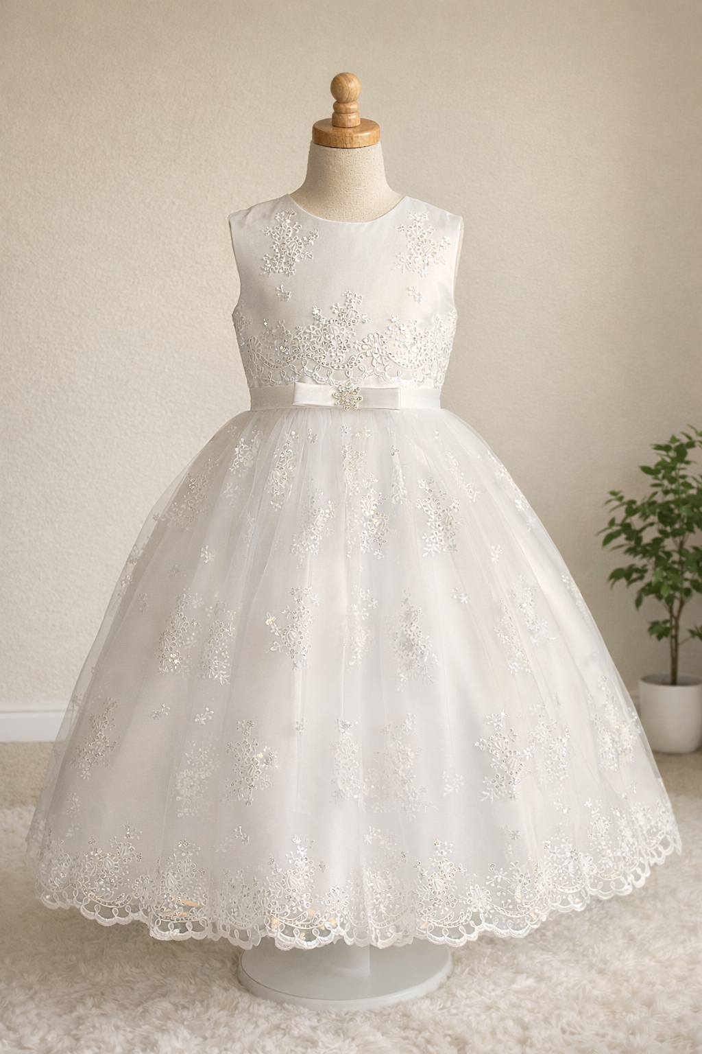 742 Girls White Communion Dress w/ Corded Embroidered Tulle & Sequins (NEW)