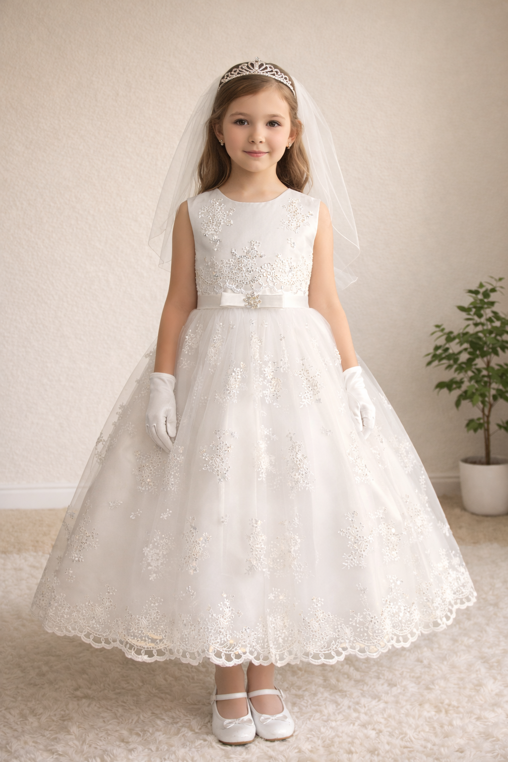 742 Girls White Communion Dress w/ Corded Embroidered Tulle & Sequins (NEW)