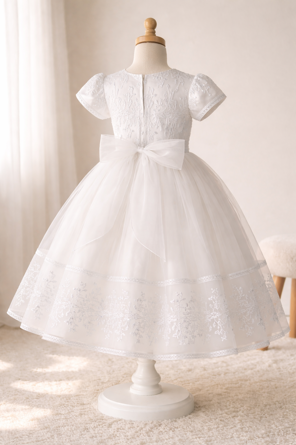 744 Girls White Communion Dress w/ Embroidered Tulle & Sequins (NEW)