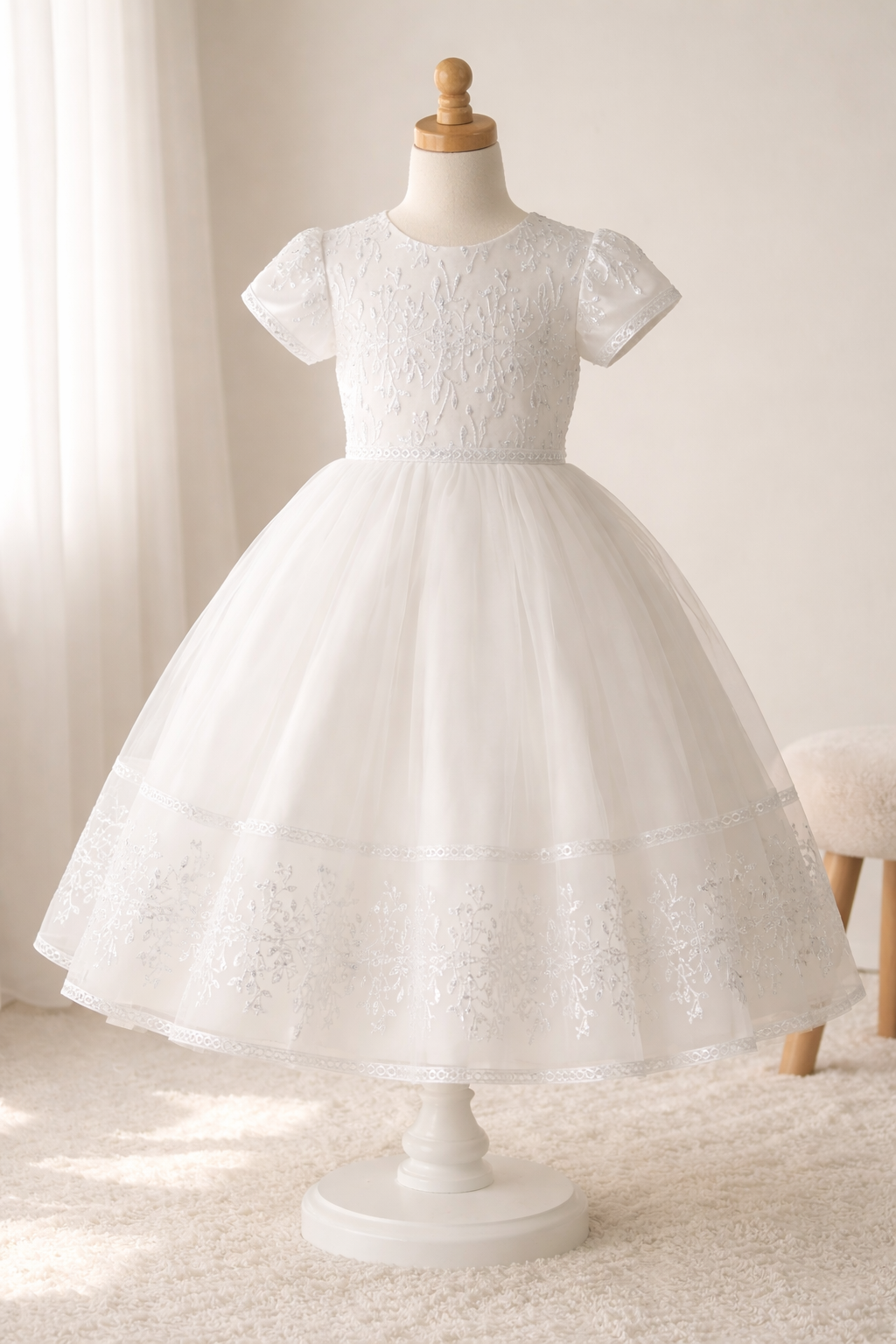 744 Girls White Communion Dress w/ Embroidered Tulle & Sequins (NEW)