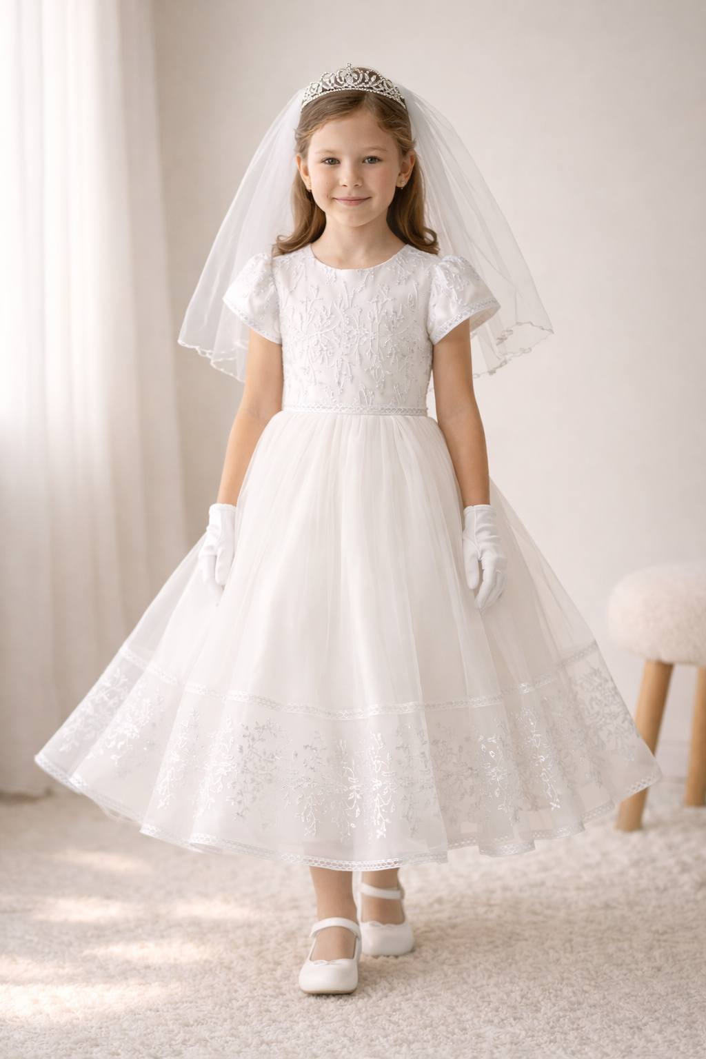 744 Girls White Communion Dress w/ Embroidered Tulle & Sequins (NEW)