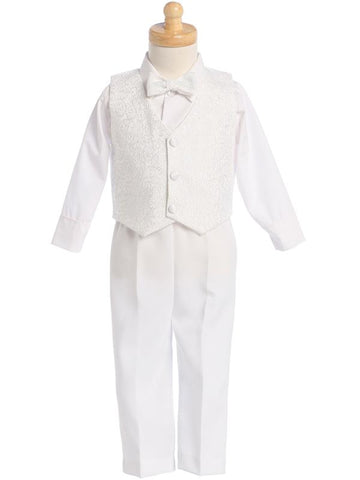 Baby boy radiates purity in baptism outfit with jacquard vest and pants.