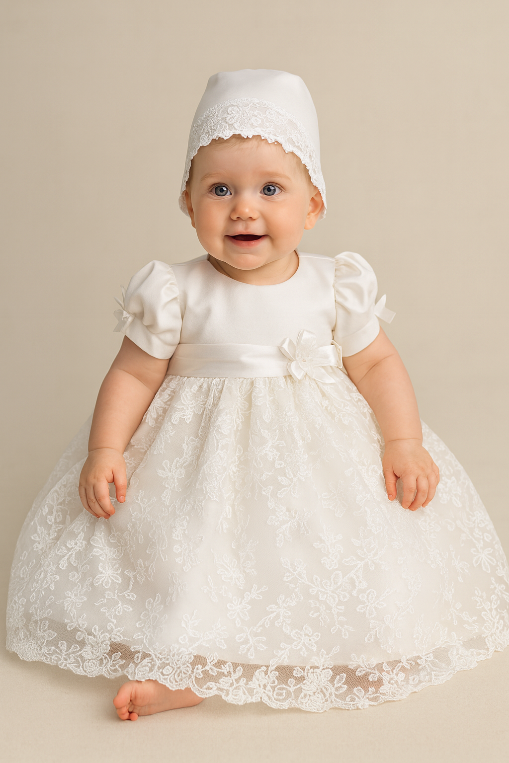 Baby in a white lace Baptism dress and bonnet 