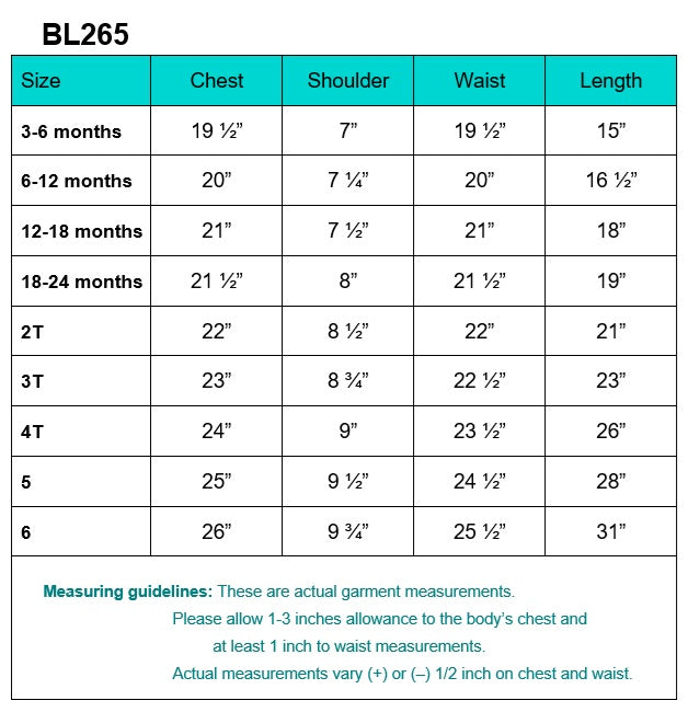 BL265 garment measurements and fitting guidelines