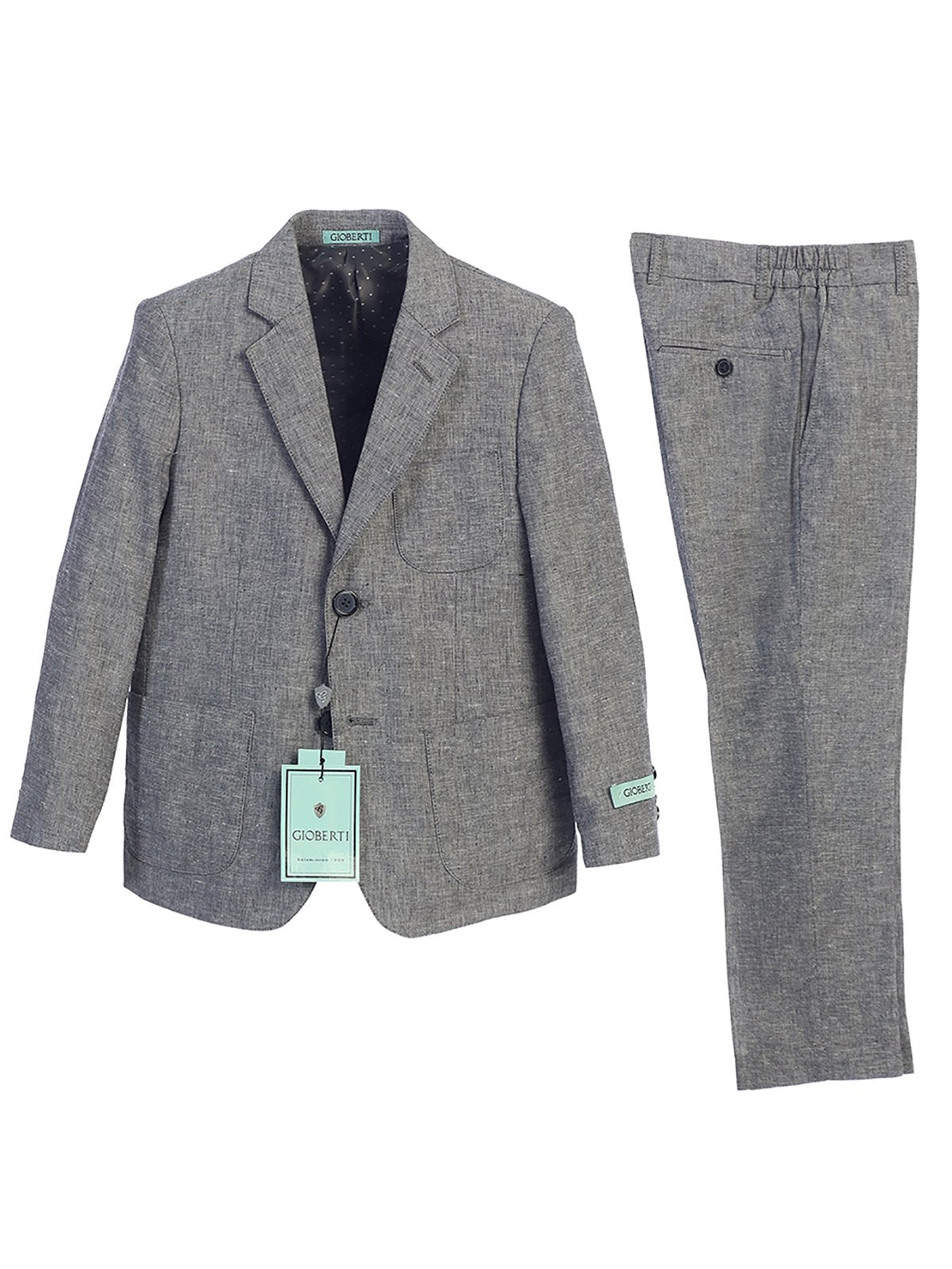 The Grey Linen Suit Jacket & Pants, a symbol of sophistication, bring an air of elegance to ring bearers at weddings.