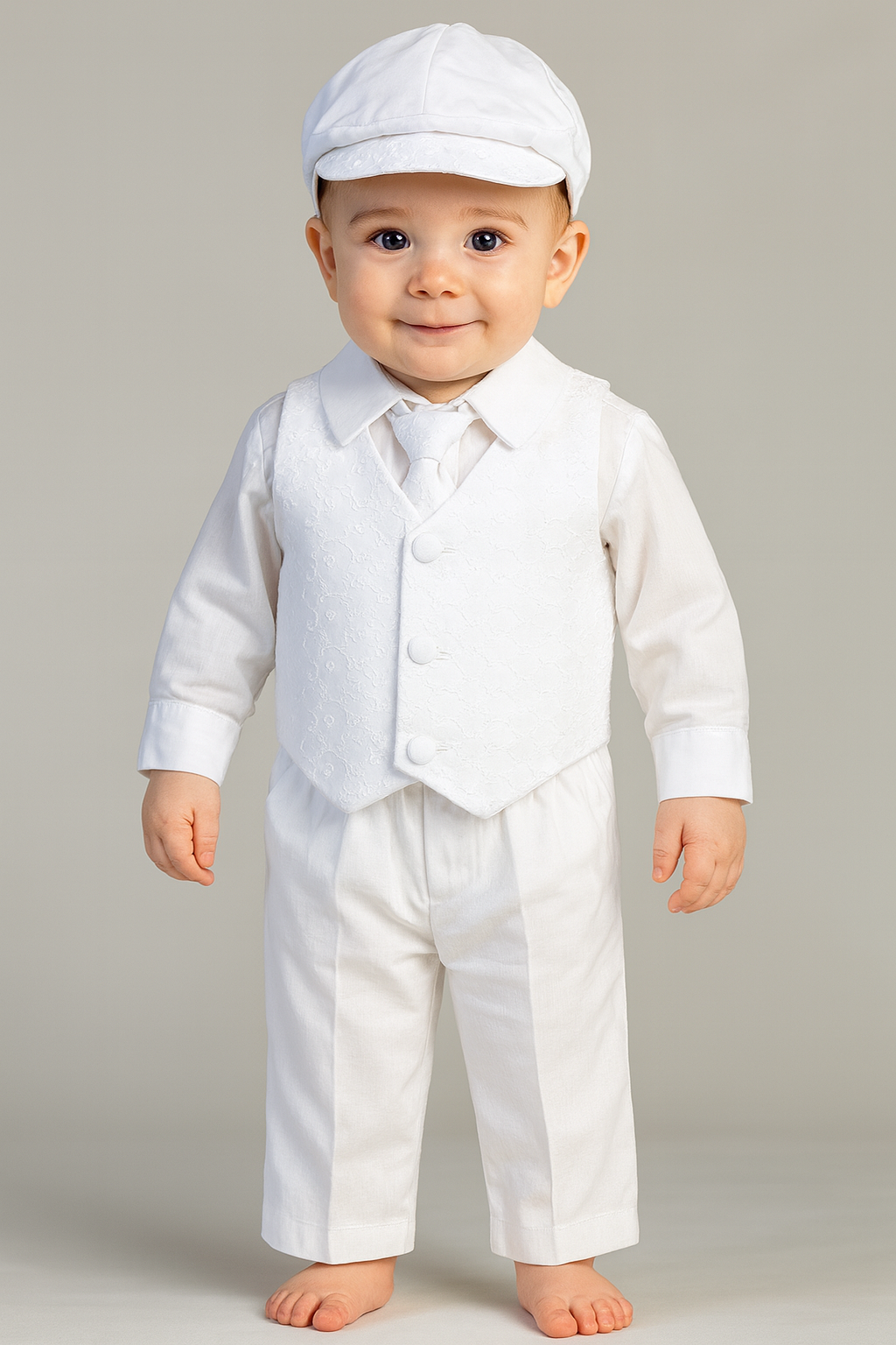 Baby in a baptism outfit with a white shirt, vest, pants, and cap