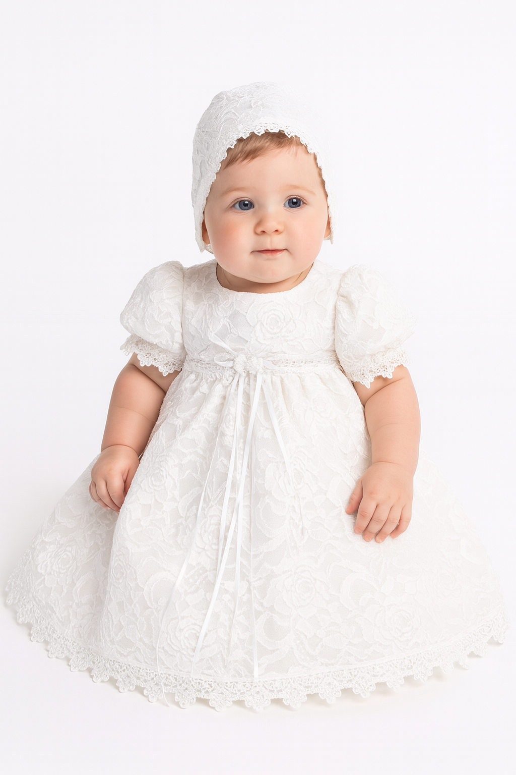 Baby in a white baptism dress and bonnet