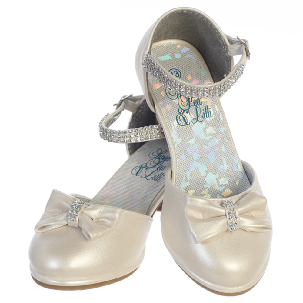 Ivory girls shoes with 1 3/4" heel & rhinestone ankle strap, perfect for traditional or ceremonial wear with a stylish bow accent.