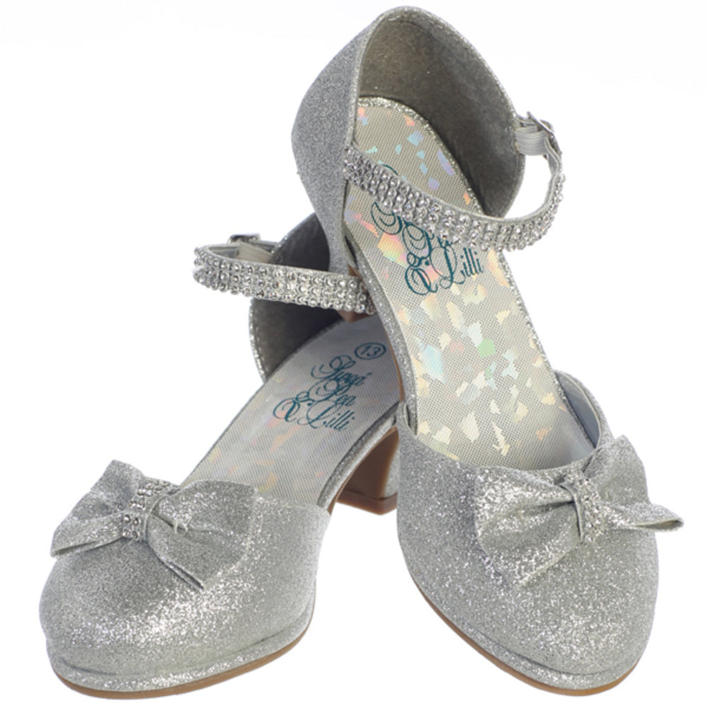 Silver glitter girls shoes with 1 3/4" heel & rhinestone ankle strap, designed for special events with a shimmering finish and bow.