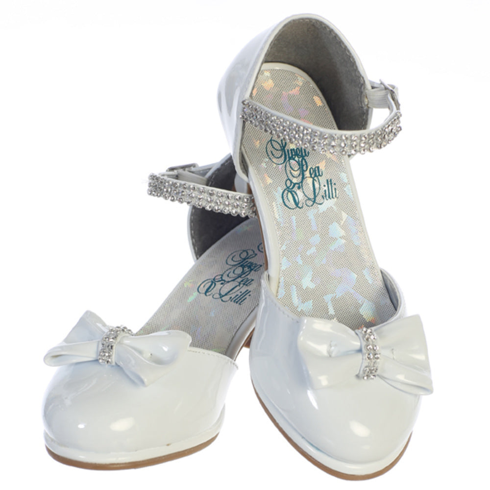 White girls shoes with 1 3/4" heel & rhinestone ankle strap, ideal for flower girl or communion outfits with elegant bow detail.
