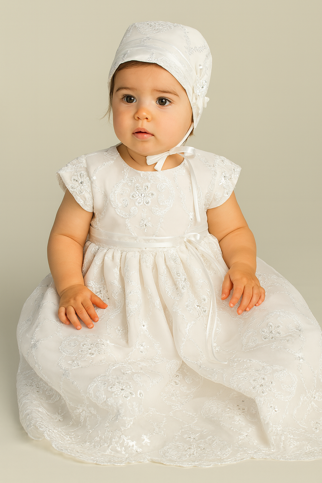 Baby in a white baptism gown and bonnet 