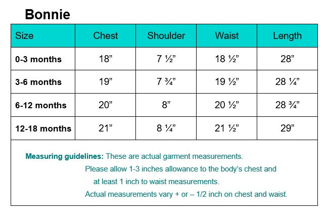 Measurement chart for 'Bonnie' with sizes 0-3 months to 12-18 months.