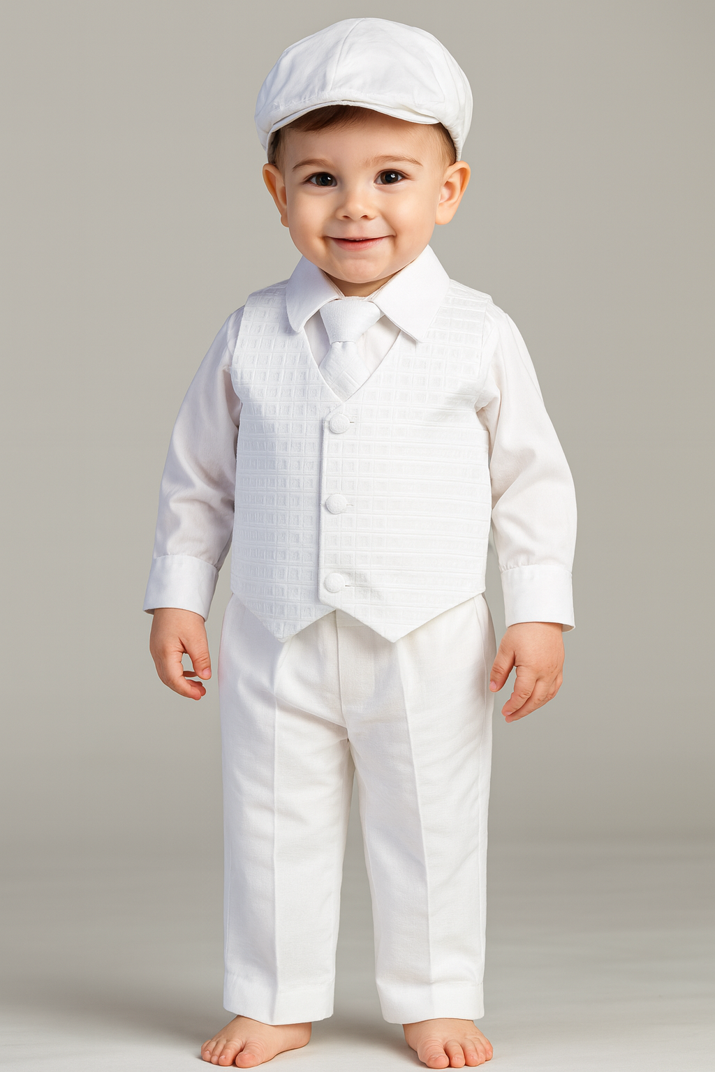 toddler wearing a white baptism outfit with a hat