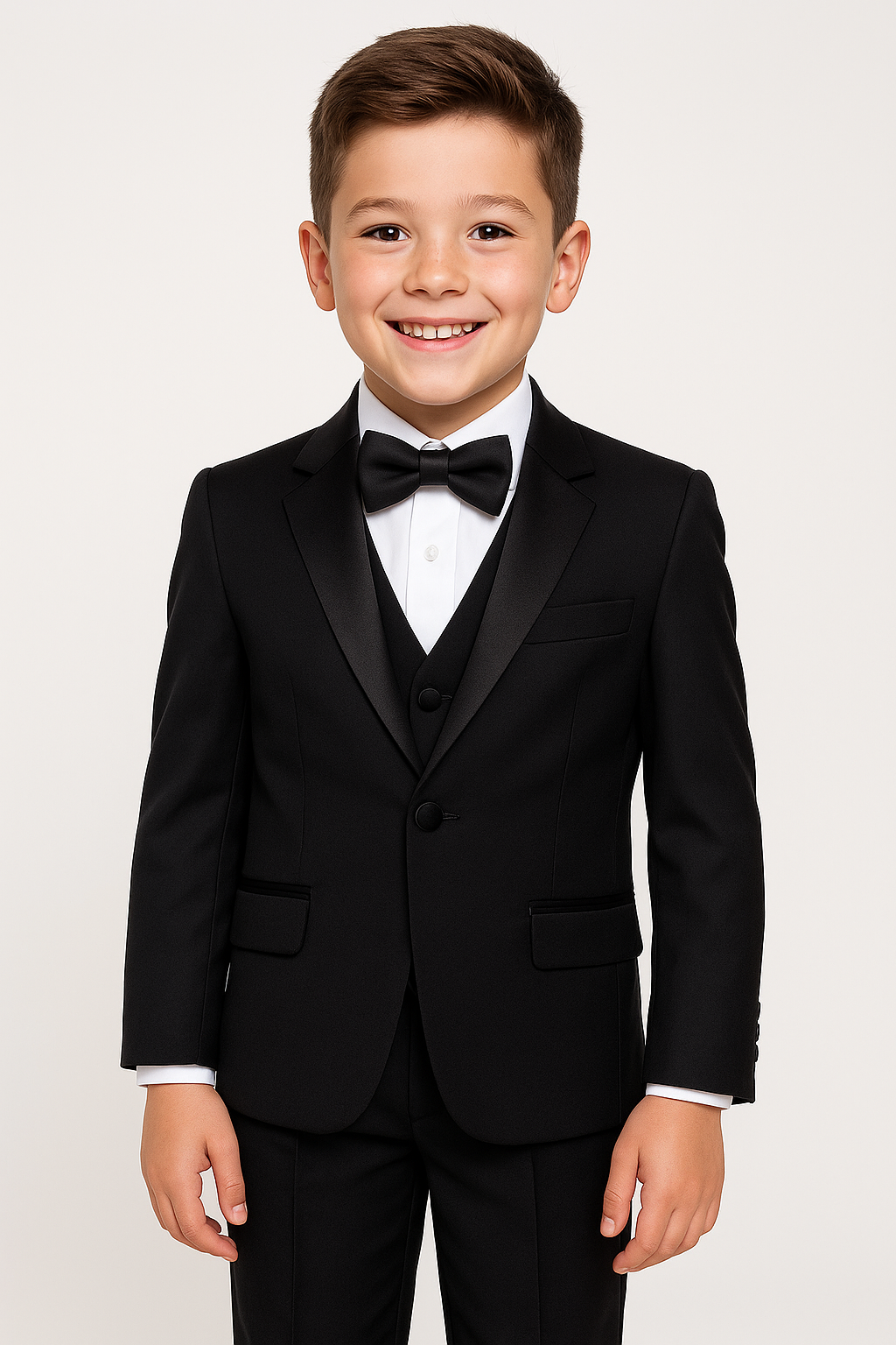 Young boy wearing a black tuxedo with a white shirt and black bow tie