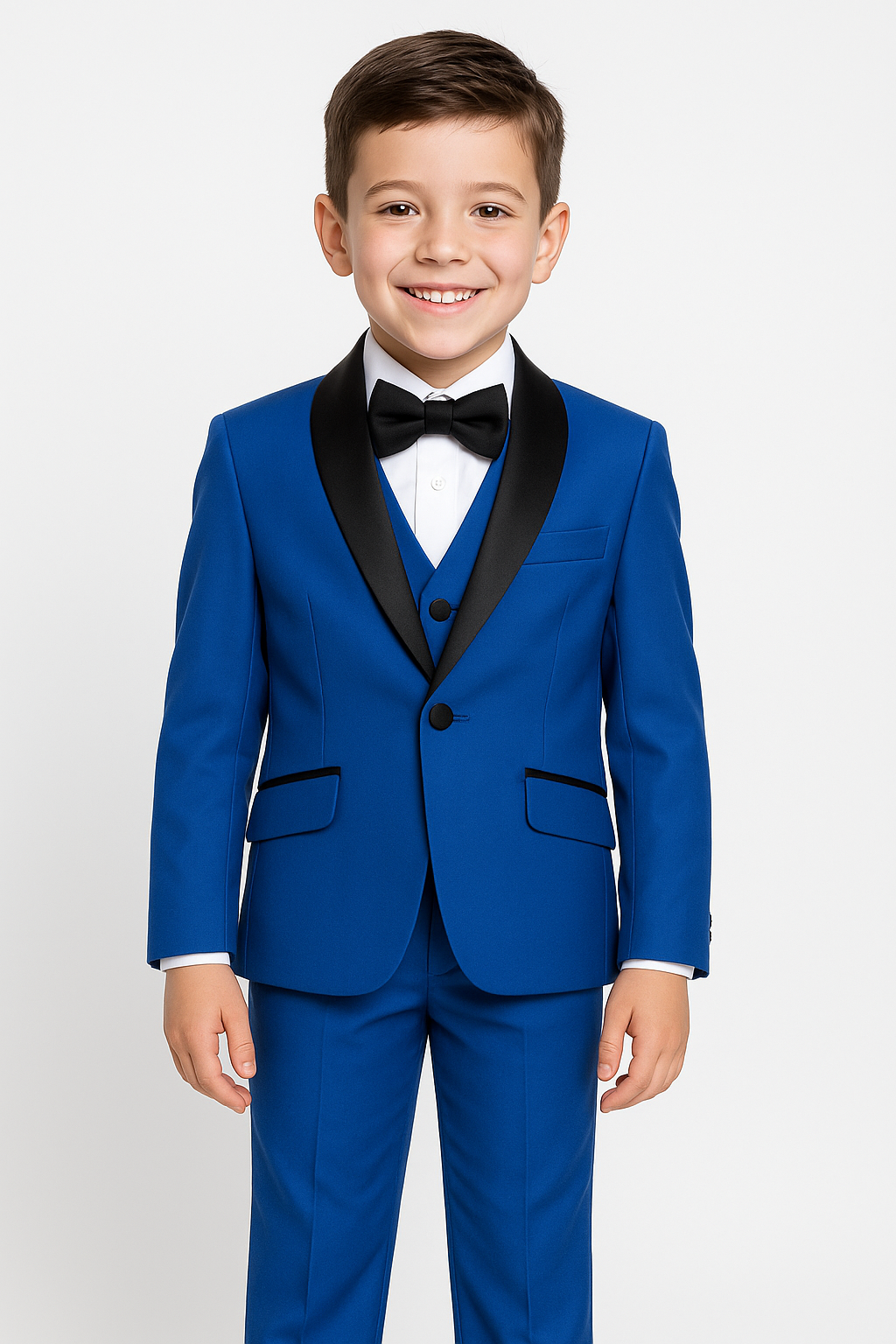 Young boy wearing a blue suit with a black bow tie