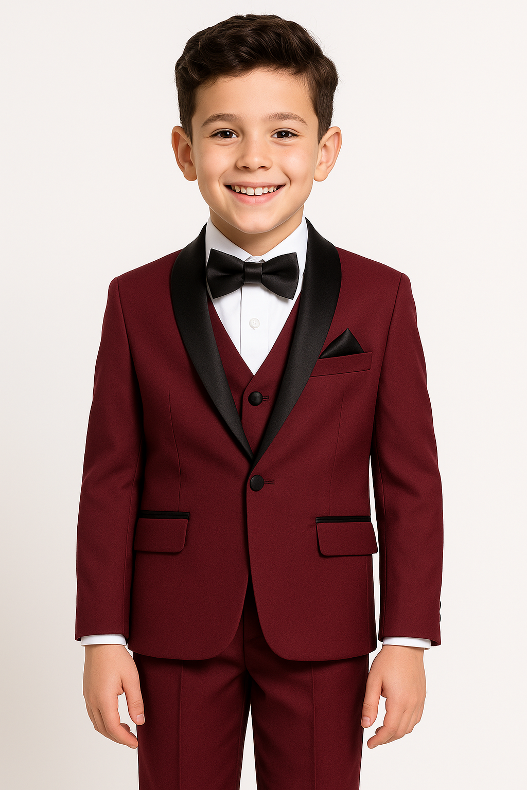 Young boy wearing a maroon suit with a black bow tie