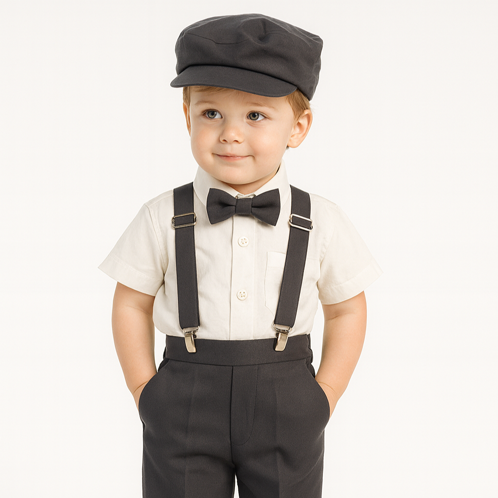 Charcoal Pants and Suspenders Outfit for Toddlers by Malcolm Royce featuring a short-sleeve shirt, bowtie, and matching cap. Ideal for formal baby events.