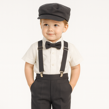 Charcoal Pants and Suspenders Outfit for Toddlers by Malcolm Royce featuring a short-sleeve shirt, bowtie, and matching cap. Ideal for formal baby events.
