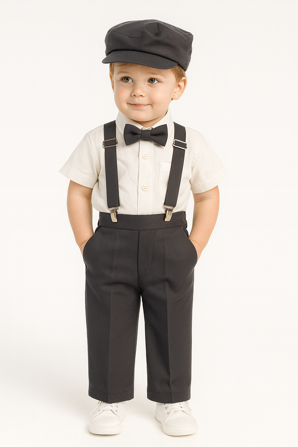 Charcoal Grey Pants and Suspenders Outfit for Infants by Malcolm Royce featuring a white shirt, bow tie, and matching cap. Ideal for toddlers 0-4T.