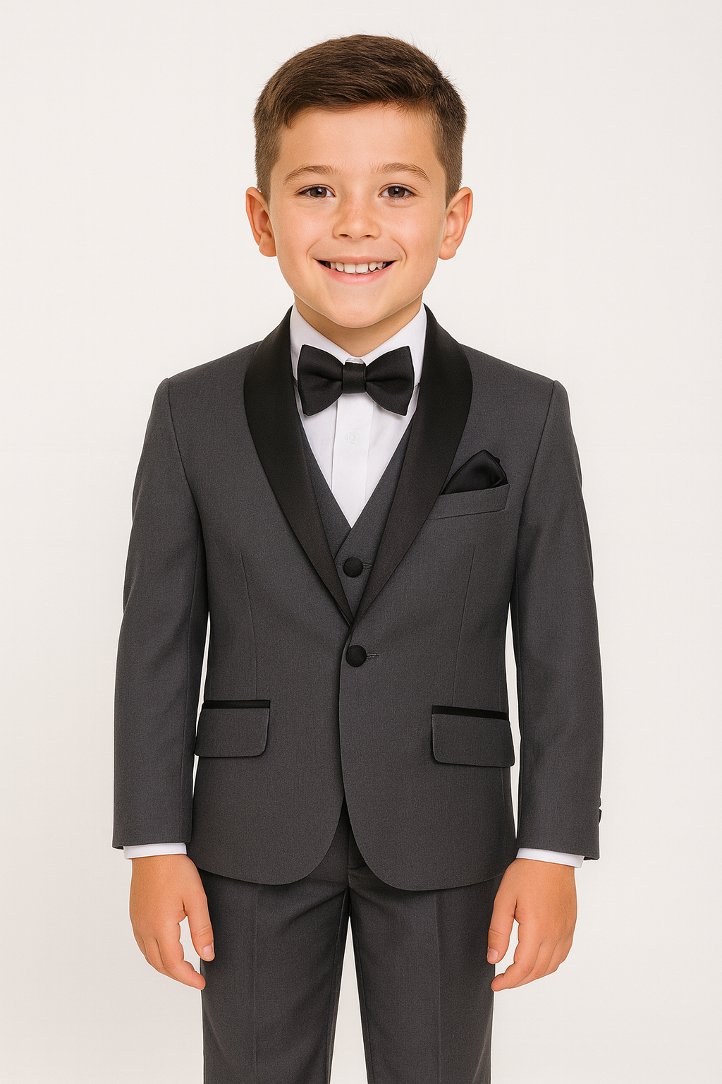 Young boy wearing a formal black suit with a white shirt and black bow tie