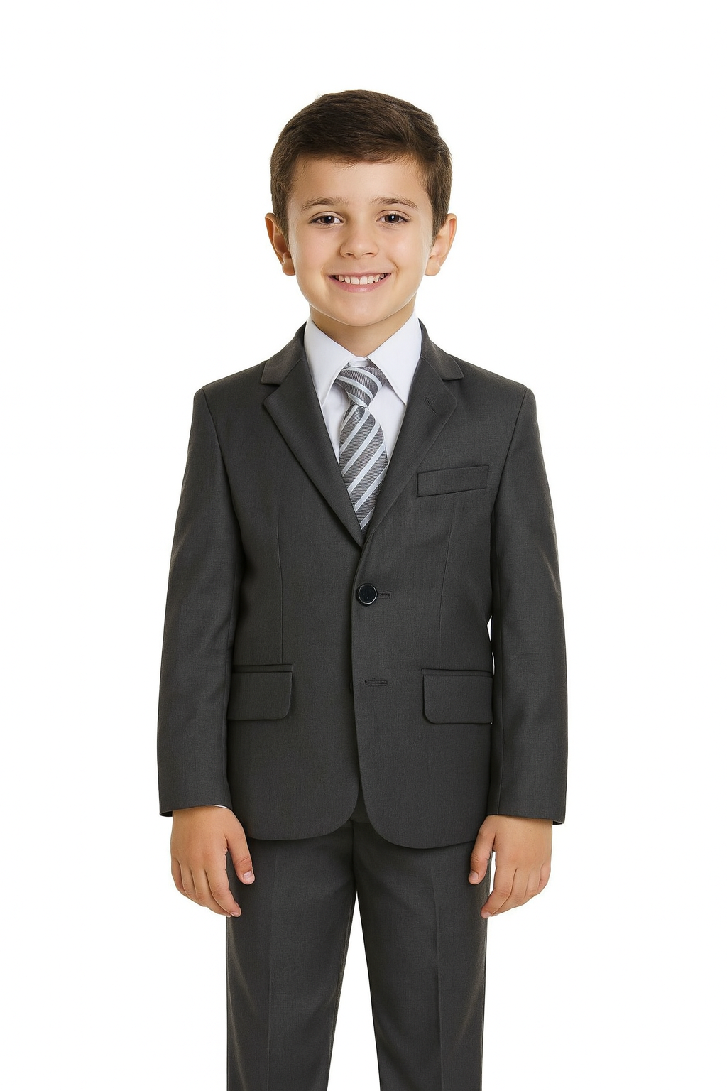 Young boy wearing a charcoal gray suit with a white shirt and striped tie