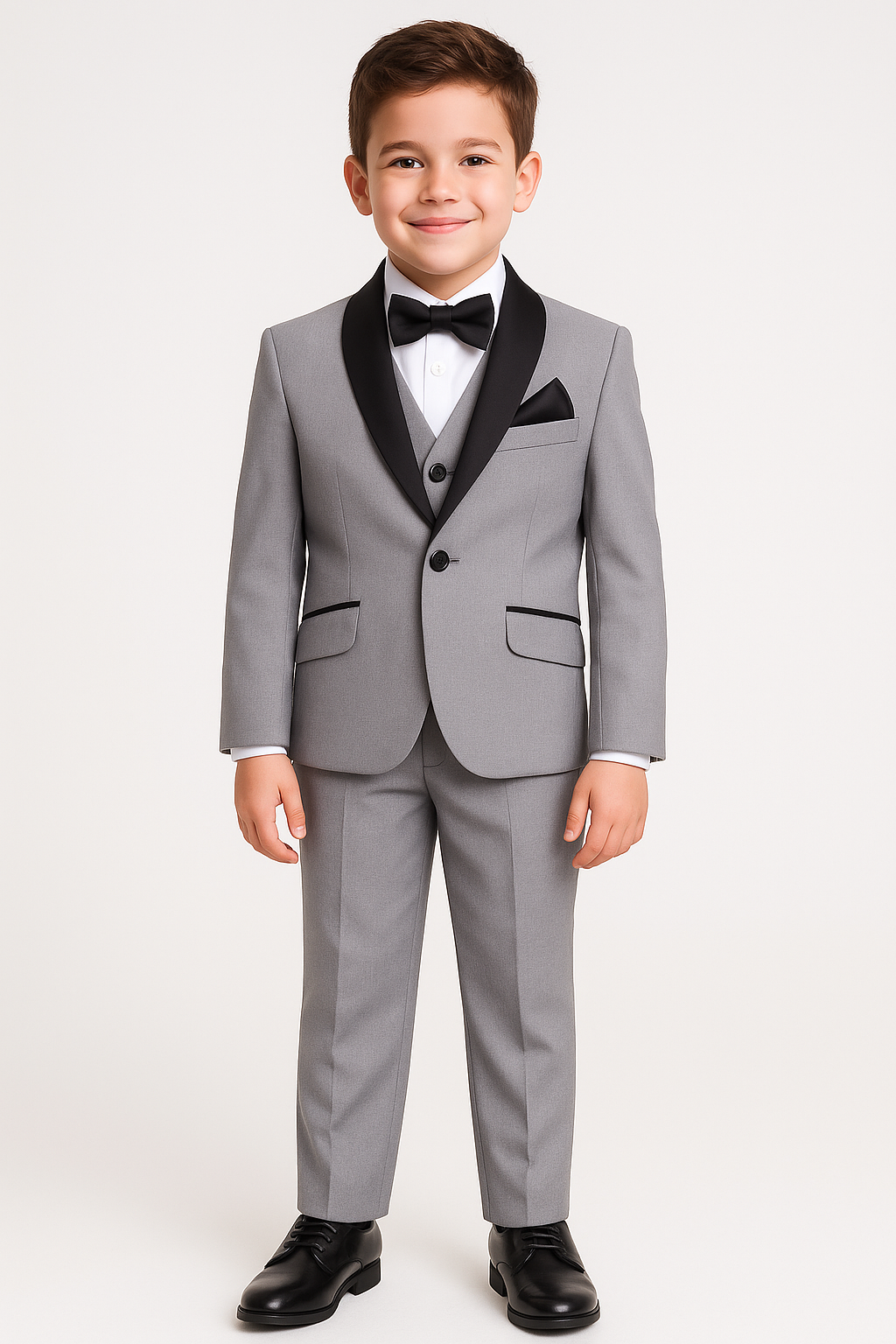 Young boy wearing a gray tuxedo with black lapels and bow tie