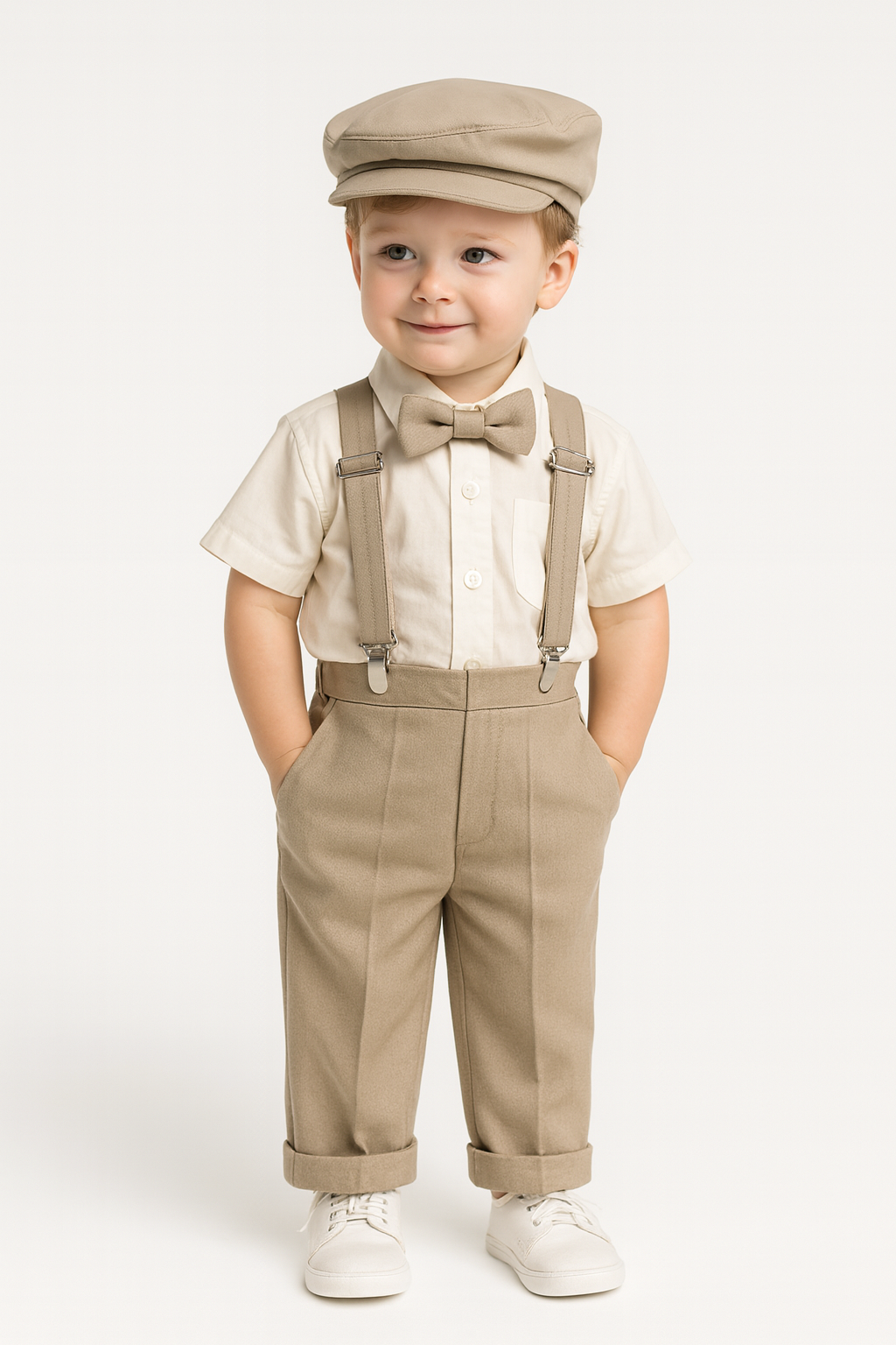 Khaki Pants and Suspenders Outfit for Infants by Malcolm Royce featuring a bow tie, short-sleeve shirt, and matching cap for toddlers.