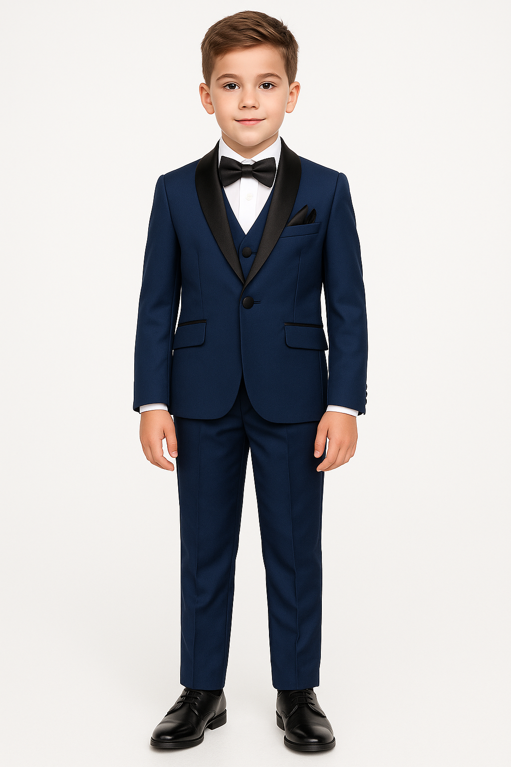 Young boy wearing a navy blue suit with a white shirt and black bow tie