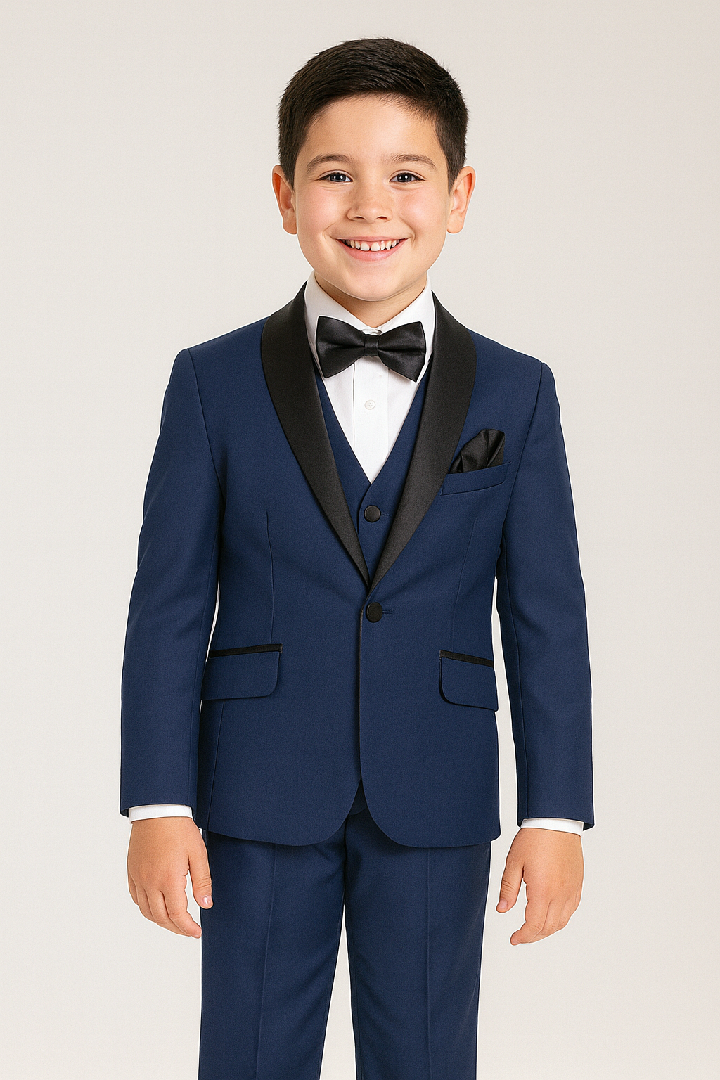 Young boy wearing a navy blue suit with a white shirt and black bow tie on a light gray background