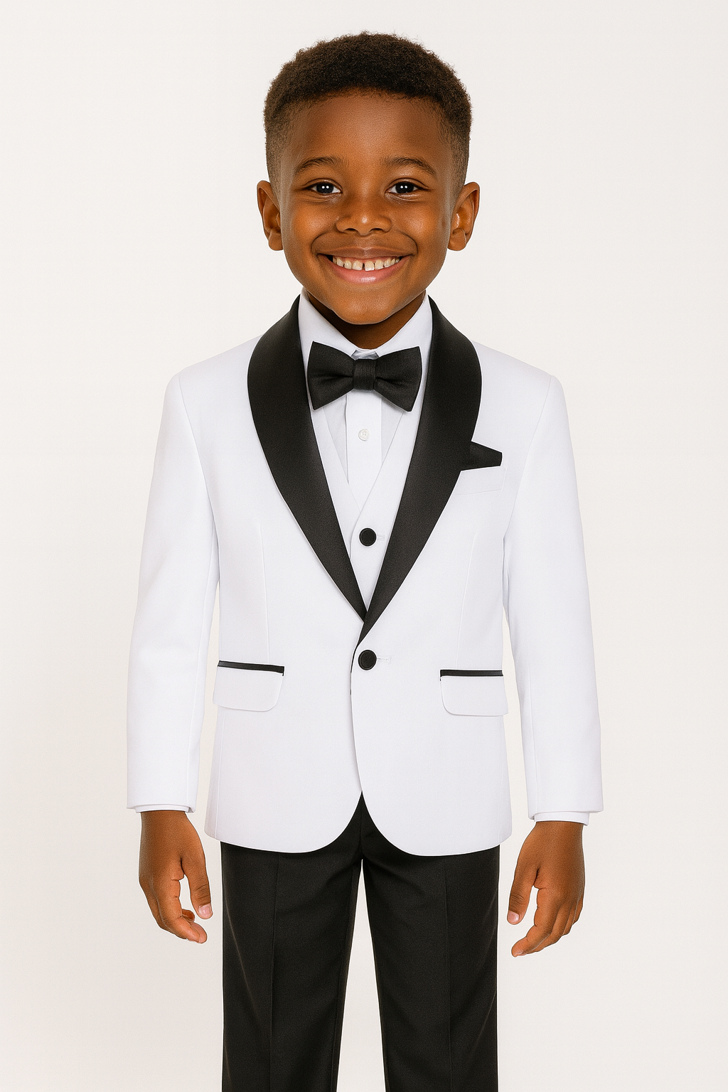 Child wearing a white tuxedo with black lapels and bow tie 