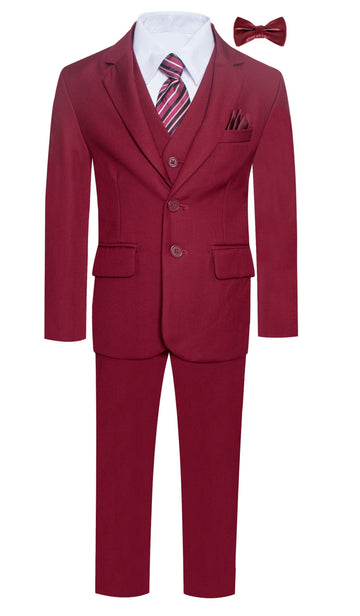 Executive 7PC boys burgundy suit with 2-button jacket, vest, pants, white dress shirt, striped tie, bow tie and pocket square